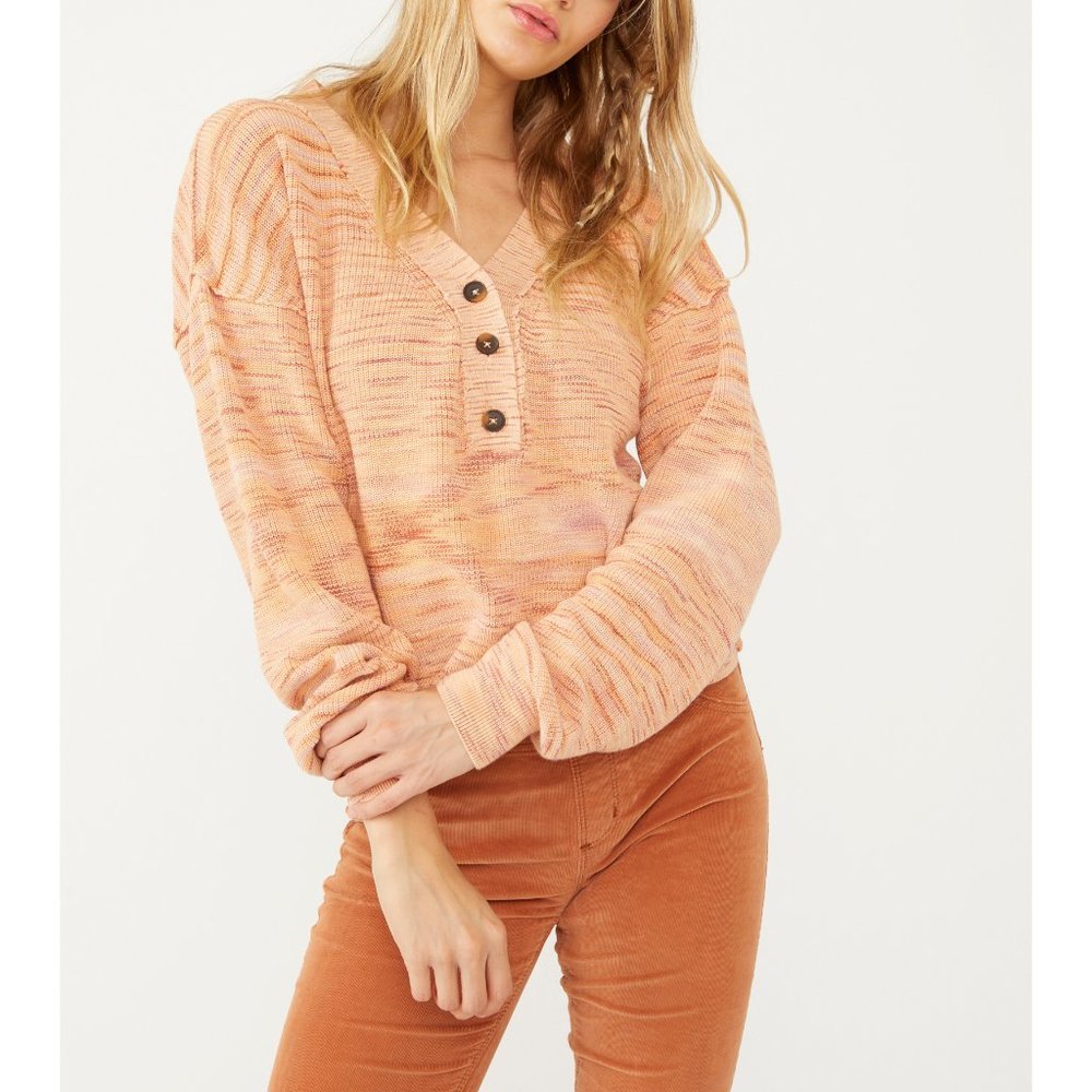 Free People Peach Multi V-Neck Henley Sweater